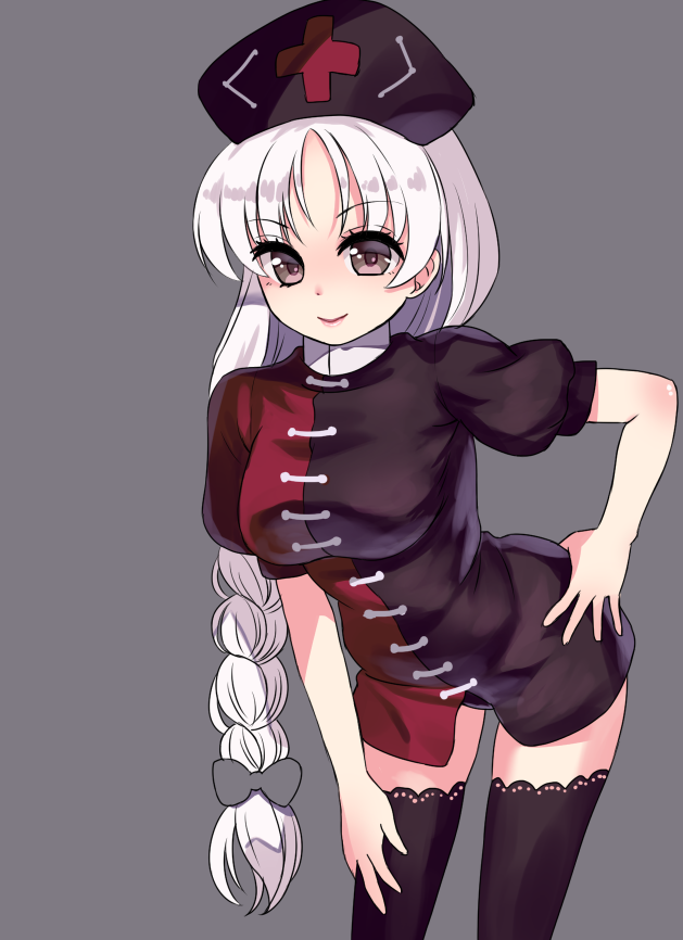 1girl adapted_costume alternate_color alternate_eye_color black_dress black_legwear black_panties blush bow braid breasts cross_print douji dress eyebrows_visible_through_hair eyes_visible_through_hair grey_background hair_bow hand_on_hip hand_on_own_thigh hat lace lace-trimmed_thighhighs lavender_eyes leaning_forward long_hair looking_at_viewer multicolored multicolored_clothes multicolored_dress nose_blush nurse_cap panties pantyshot pantyshot_(standing) pink_lips puffy_short_sleeves puffy_sleeves red_dress shiny shiny_hair shiny_skin short_dress short_sleeves simple_background single_braid smile solo standing thigh-highs thighs touhou underwear very_long_hair white_hair yagokoro_eirin