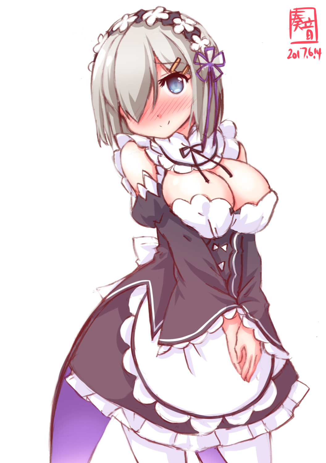 1girl alternate_costume apron breasts cosplay detached_sleeves grey_eyes hair_ornament hair_over_one_eye hairpin hamakaze_(kantai_collection) highres kanon_(kurogane_knights) kantai_collection large_breasts looking_at_viewer maid maid_apron maid_headdress re:zero_kara_hajimeru_isekai_seikatsu rem_(re:zero) rem_(re:zero)_(cosplay) short_hair silver_hair smile solo v_arms