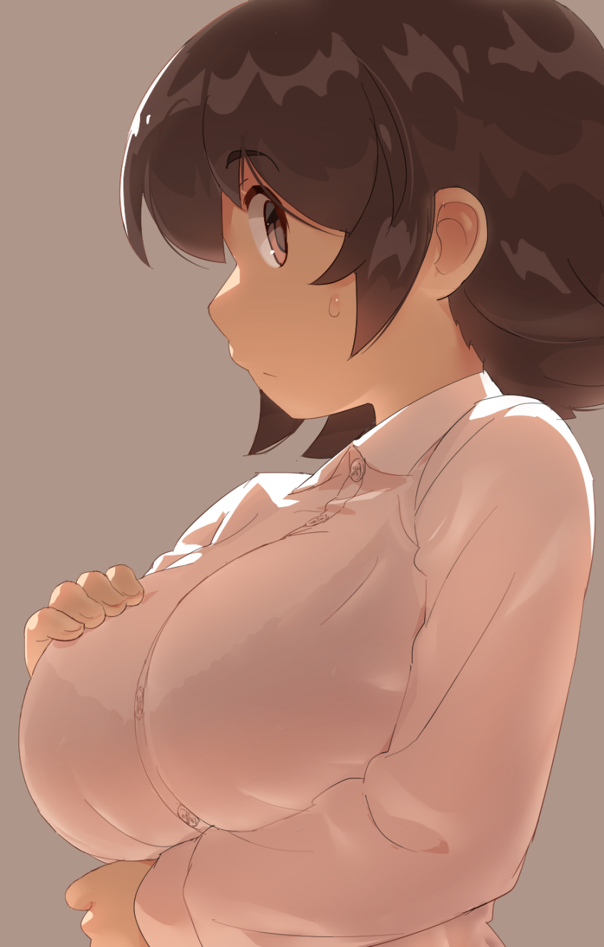 backlighting breasts brown_background brown_eyes brown_hair eyebrows_visible_through_hair highres large_breasts looking_at_viewer monosenbei original see-through shirt short_hair simple_background sweatdrop wet wet_clothes wet_shirt