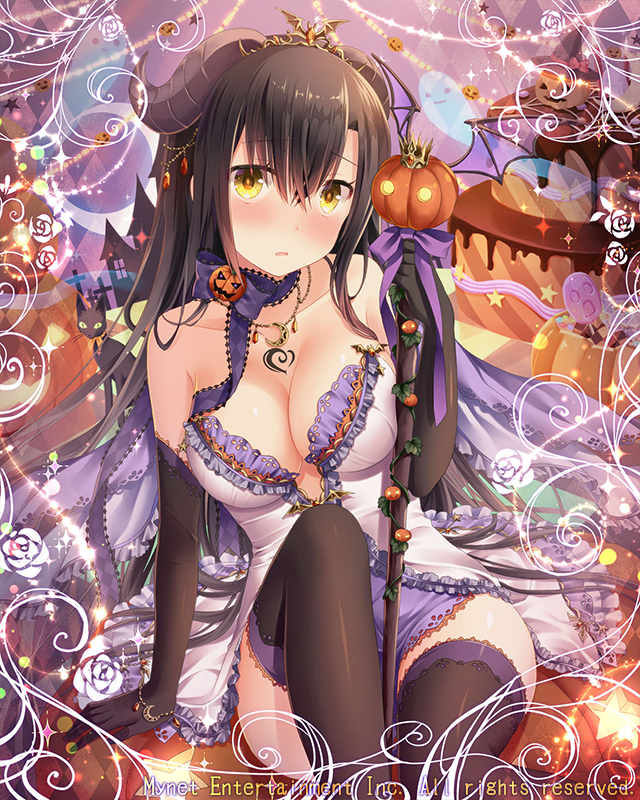 bat_wings black_gloves black_hair black_legwear blush breasts cleavage demon_girl elbow_gloves falkyrie_no_monshou gloves halloween holding holding_staff jack-o'-lantern jewelry large_breasts long_hair looking_at_viewer natsumekinoko necklace official_art parted_lips pumpkin sitting staff thigh-highs wings yellow_eyes