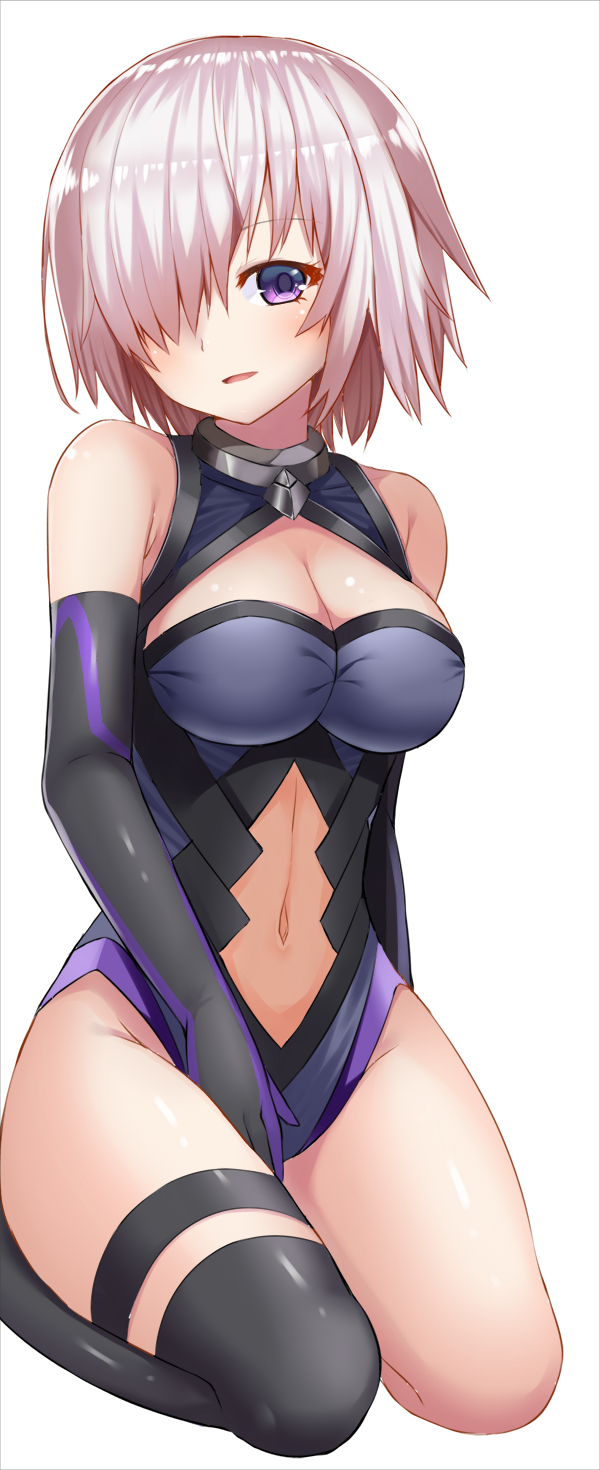 1girl bangs between_legs black_gloves black_legwear black_leotard blush breasts cleavage commentary_request elbow_gloves eyebrows_visible_through_hair fate/grand_order fate_(series) gloves hair_over_one_eye hand_between_legs highres large_breasts lavender_hair leotard looking_at_viewer navel navel_cutout parted_lips revision seiza shielder_(fate/grand_order) shimo_(shimo_00) short_hair simple_background single_thighhigh sitting smile solo thigh-highs thigh_strap thighs violet_eyes white_background
