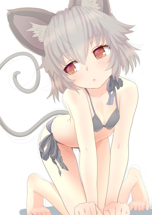 1girl animal_ears barefoot bikini black_bikini breasts cleavage expressionless grey_hair ishikkoro mouse_ears mouse_tail nazrin red_eyes short_hair side-tie_bikini simple_background small_breasts solo swimsuit tail thigh_gap touhou white_background