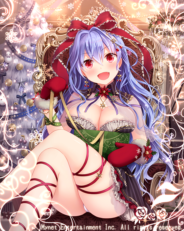 1girl blush bow chair christmas eyebrows_visible_through_hair falkyrie_no_monshou fang hair_bow lavender_hair legs_crossed long_hair looking_at_viewer mittens natsumekinoko official_art open_mouth panties pantyshot red_bow red_eyes red_mittens red_ribbon ribbon sitting smile solo underwear white_panties