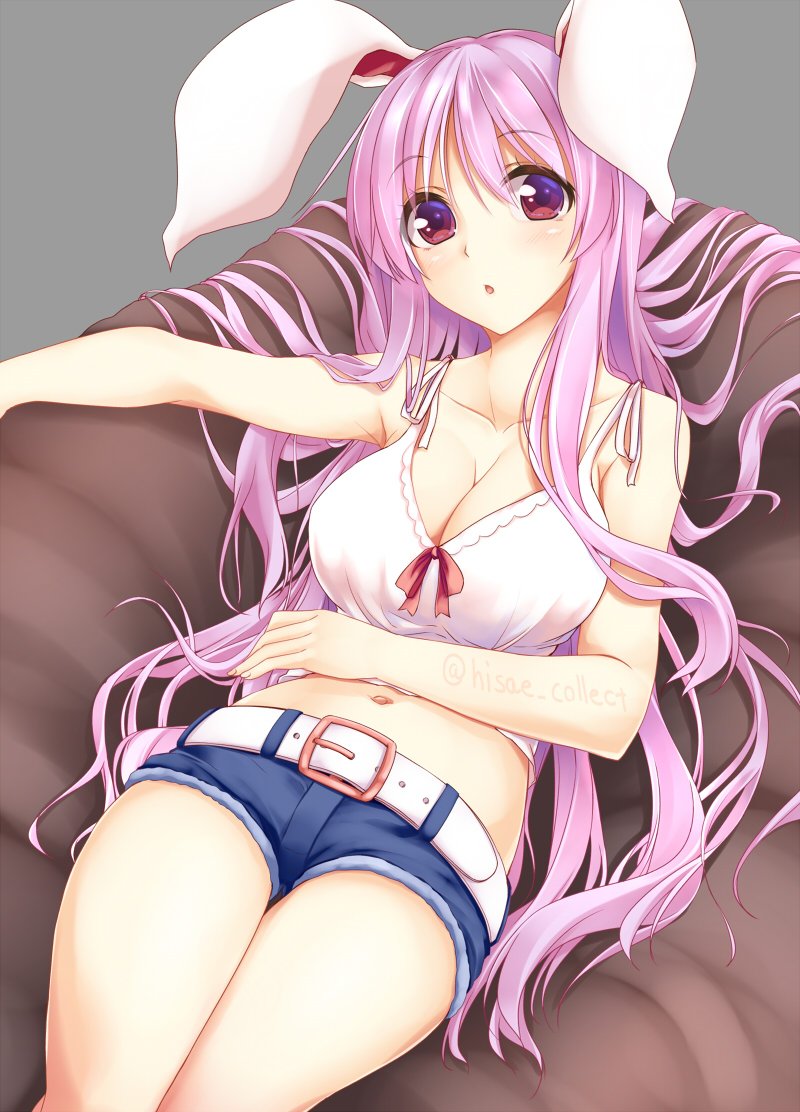 1girl :o alternate_costume animal_ears armpits bangs bare_shoulders belt belt_buckle blush breasts buckle camisole casual cleavage collarbone commentary_request cushion denim denim_shorts eyebrows_visible_through_hair grey_background hand_on_own_stomach kue large_breasts long_hair lying navel on_back open_mouth pink_hair rabbit_ears red_ribbon reisen_udongein_inaba ribbon short_shorts shorts simple_background solo stomach tareme thighs touhou twitter_username very_long_hair violet_eyes white_ribbon