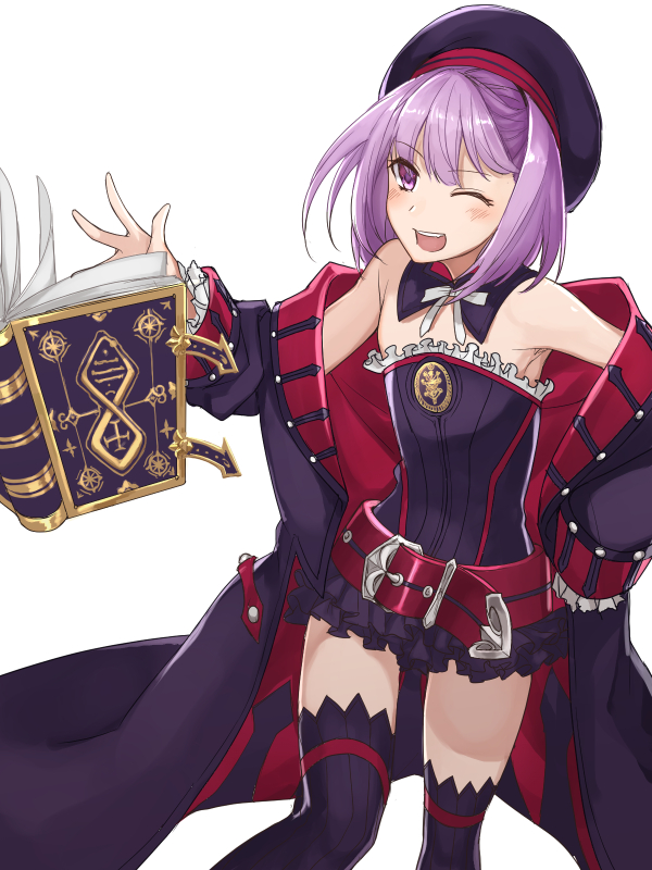 1girl ;d bare_shoulders belt beret book coat detached_collar fate/grand_order fate_(series) frills hand_on_hip hat helena_blavatsky_(fate/grand_order) one_eye_closed open_book open_clothes open_coat open_mouth purple_hair purple_legwear short_hair smile solo teeth thigh-highs uraha violet_eyes