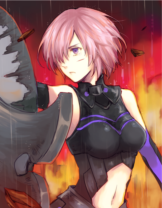 1girl armor bare_shoulders commentary_request crying crying_with_eyes_open elbow_gloves fate/grand_order fate_(series) gloves hair_over_one_eye lavender_hair navel orii_(orii_i) rain shield shielder_(fate/grand_order) short_hair solo tears upper_body violet_eyes