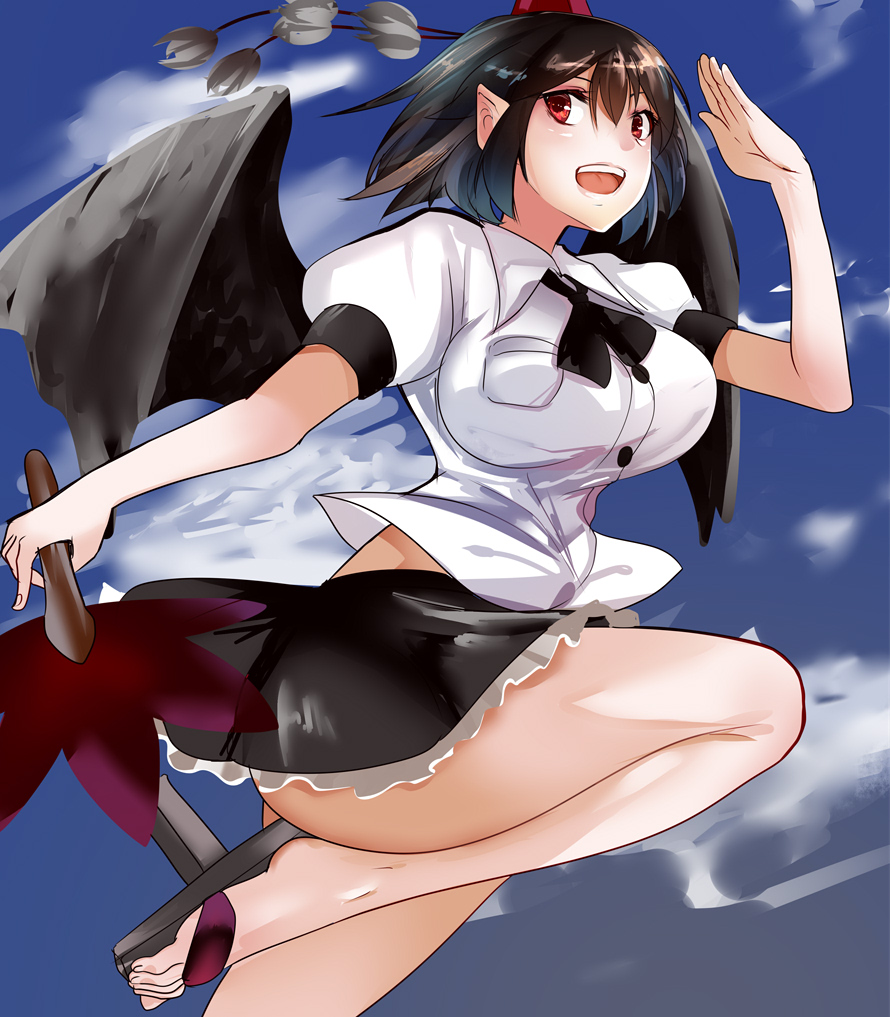 1girl arm_up bare_legs black_bow black_bowtie black_hair black_skirt black_wings blue_sky blush bow bowtie breasts buttons clouds collared_shirt day dress_shirt fan flying frilled_skirt frills geta hat hizagawa_rau holding holding_fan large_breasts legs no_socks one_leg_raised pointy_ears pom_pom_(clothes) puffy_short_sleeves puffy_sleeves red_eyes red_hat round_teeth salute shameimaru_aya shirt short_hair short_sleeves skirt sky solo tareme teeth thighs tokin_hat touhou white_shirt wing_collar wings