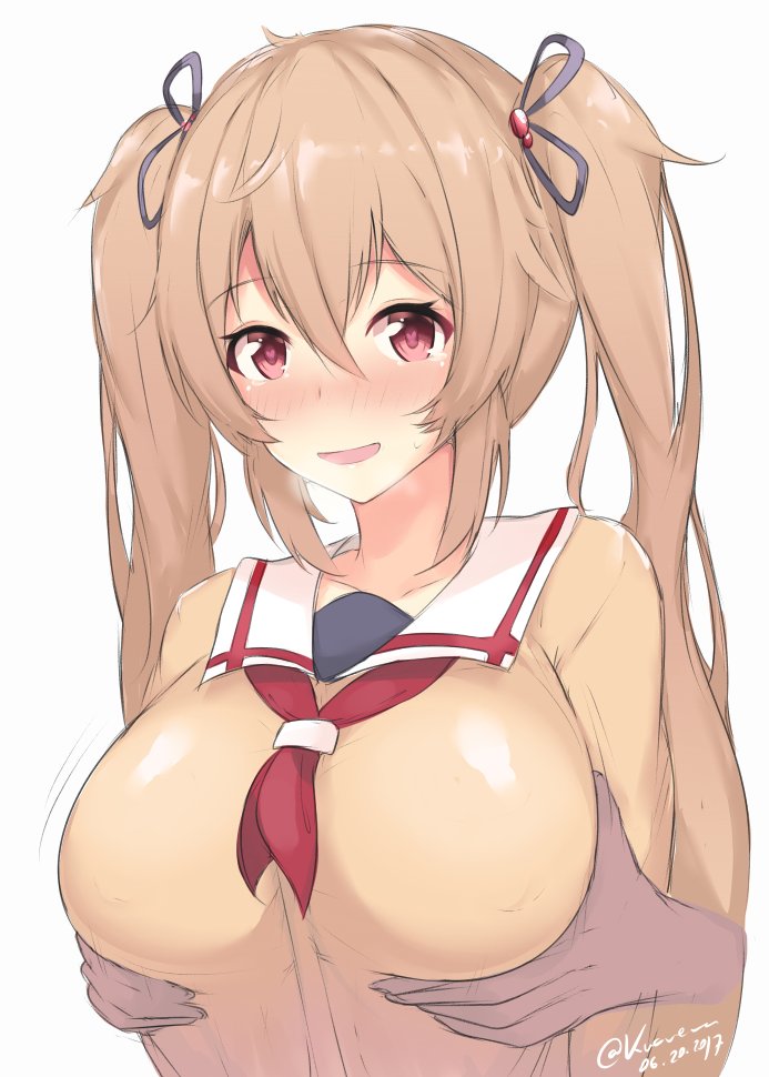 1girl blush breast_grab breasts cardigan dated disembodied_limb eyebrows_visible_through_hair grabbing hair_between_eyes hair_tie jacket kantai_collection kuavera large_breasts light_brown_hair long_hair looking_at_viewer murasame_(kantai_collection) open_mouth red_eyes simple_background solo twintails twitter_username upper_body white_background yellow_jacket