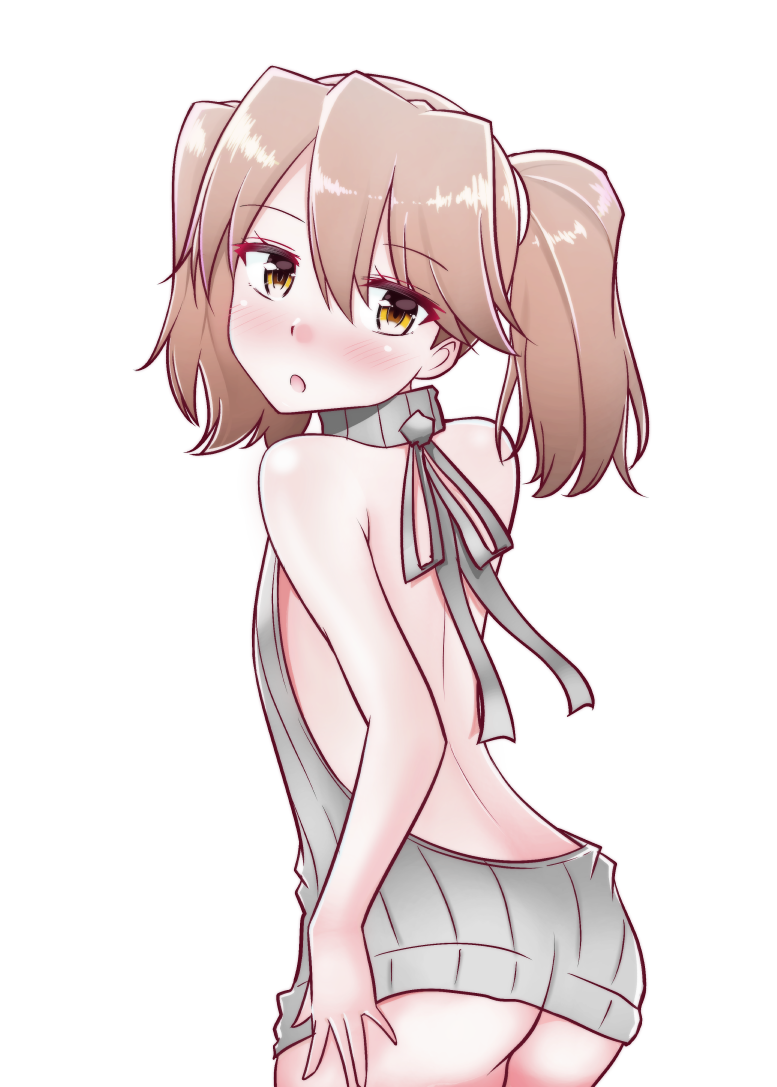 1girl ass bare_arms bare_back bare_shoulders blush brown_eyes brown_hair grey_sweater hair_between_eyes kantai_collection kirigaku meme_attire open_mouth ryuujou_(kantai_collection) short_hair simple_background solo twintails virgin_killer_sweater white_background