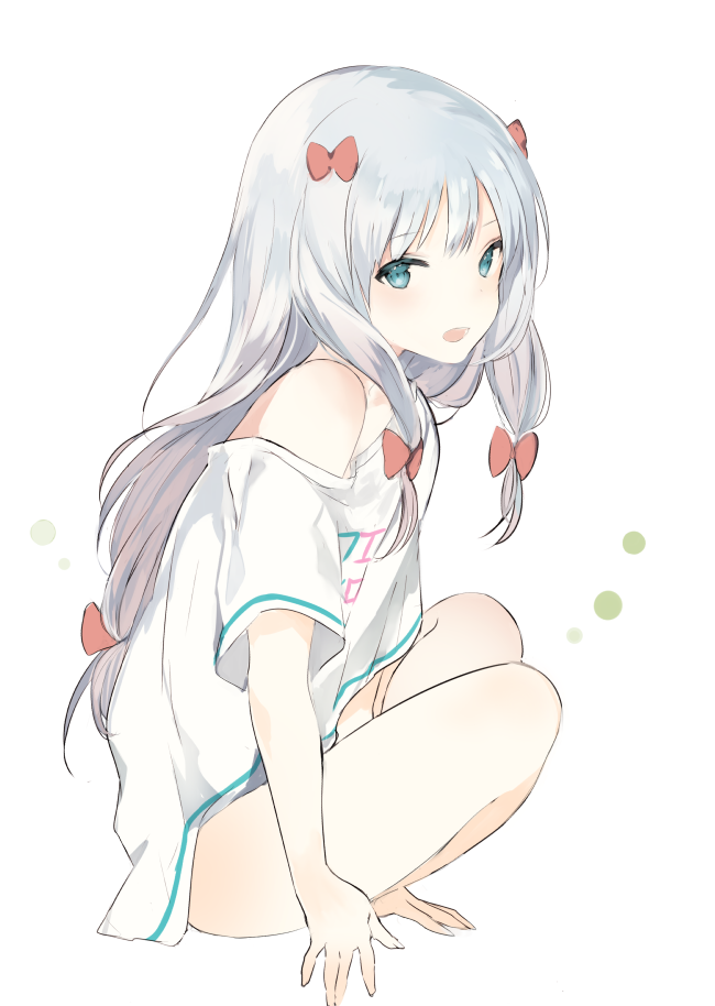 1girl :d bangs bare_legs bare_shoulders blue_eyes bow breasts clothes_writing colored_eyelashes eromanga_sensei full_body gradient_hair hair_bow indian_style izumi_sagiri long_hair looking_at_viewer low-tied_long_hair lpip multicolored_hair no_pants off_shoulder open_mouth pink_hair red_bow sidelocks silver_hair simple_background sitting sketch smile solo tsurime very_long_hair white_background