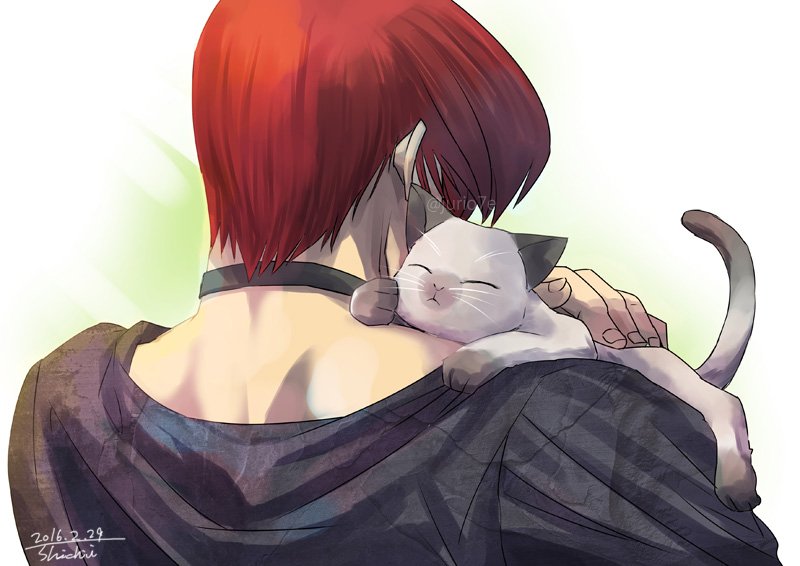 1boy animal animal_on_shoulder cat choker dated from_behind petting redhead shichii_jurio signature solo the_king_of_fighters twitter_username yagami_iori