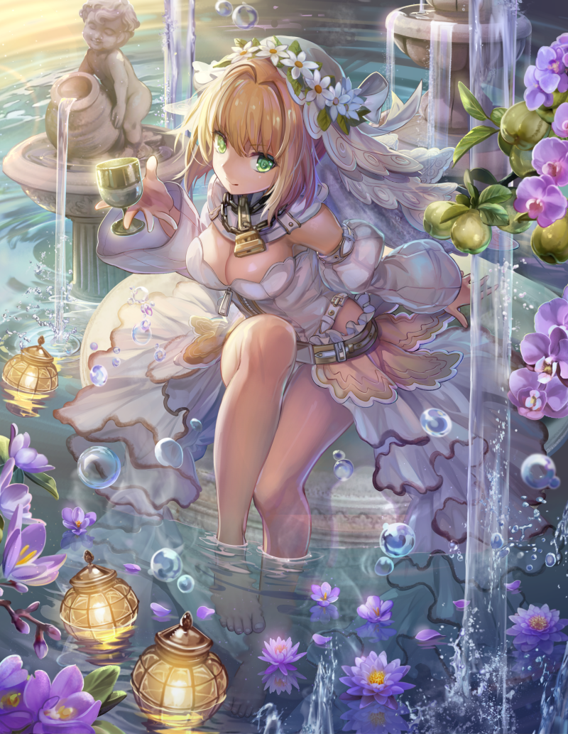 1girl ahoge bangs barefoot belt blonde_hair breasts bridal_veil cleavage closed_mouth commentary_request cup detached_collar detached_sleeves eyebrows_visible_through_hair fate/extra fate/extra_ccc fate_(series) fountain goblet green_eyes hair_between_eyes hair_intakes hand_up holding holding_cup knee_up large_breasts lock looking_at_viewer padlock petals petals_on_water purple_flower revision saber_bride saber_extra sculpture short_hair_with_long_locks showgirl_skirt sitting smile soaking_feet solo torino_akua veil wide_sleeves