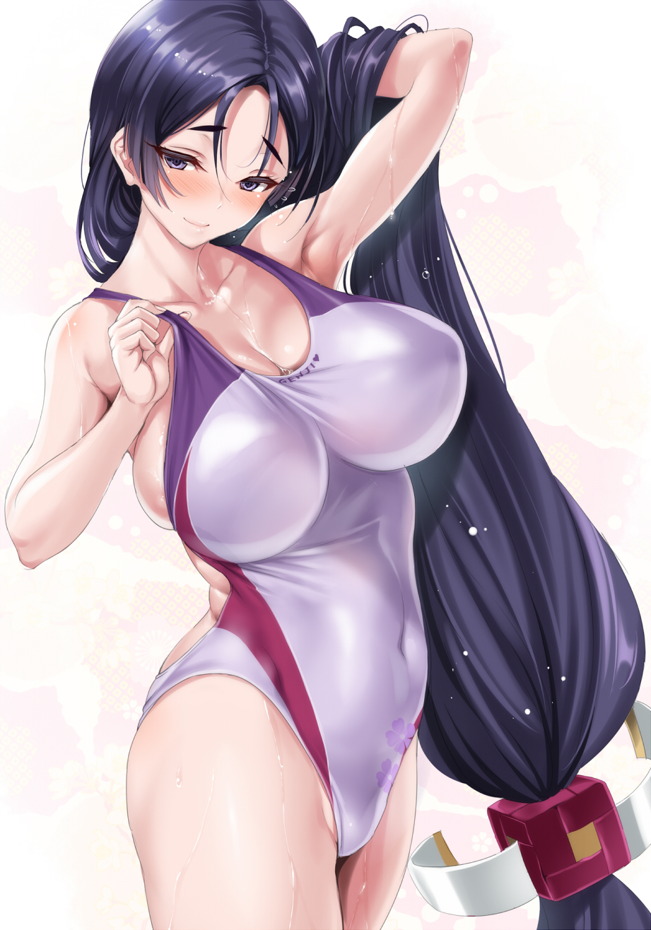 1girl arm_up armpits bangs blush breasts cleavage competition_swimsuit covered_navel cowboy_shot fate/grand_order fate_(series) highres huge_breasts kure_masahiro long_hair looking_at_viewer low-tied_long_hair minamoto_no_raikou_(fate/grand_order) one-piece_swimsuit parted_bangs purple_hair sideboob smile solo standing swimsuit very_long_hair violet_eyes wet