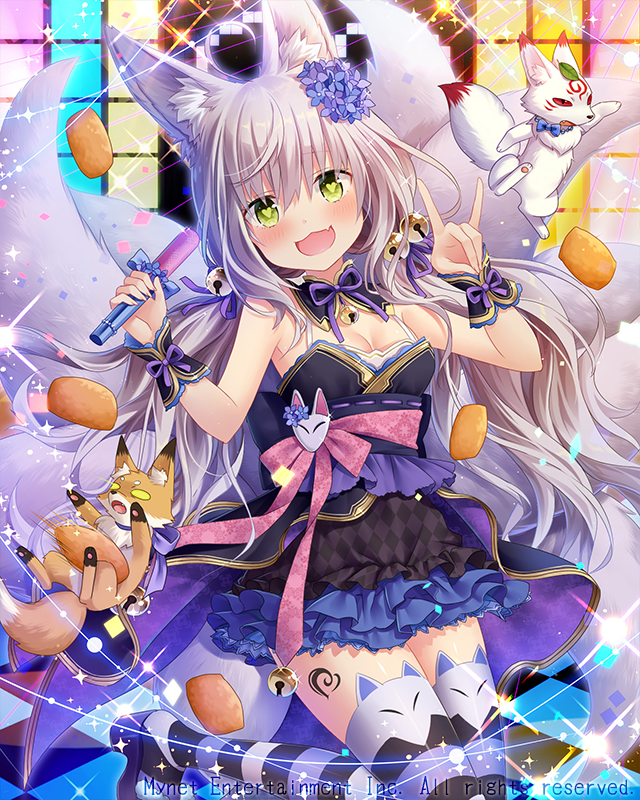 1girl animal animal_ears bell cat_lingerie falkyrie_no_monshou flower fox fox_ears fox_girl fox_tail green_eyes grey_hair hair_flower hair_ornament heart heart-shaped_pupils holding holding_microphone long_hair meme_attire microphone natsumekinoko official_art solo symbol-shaped_pupils tail thigh-highs wrist_cuffs