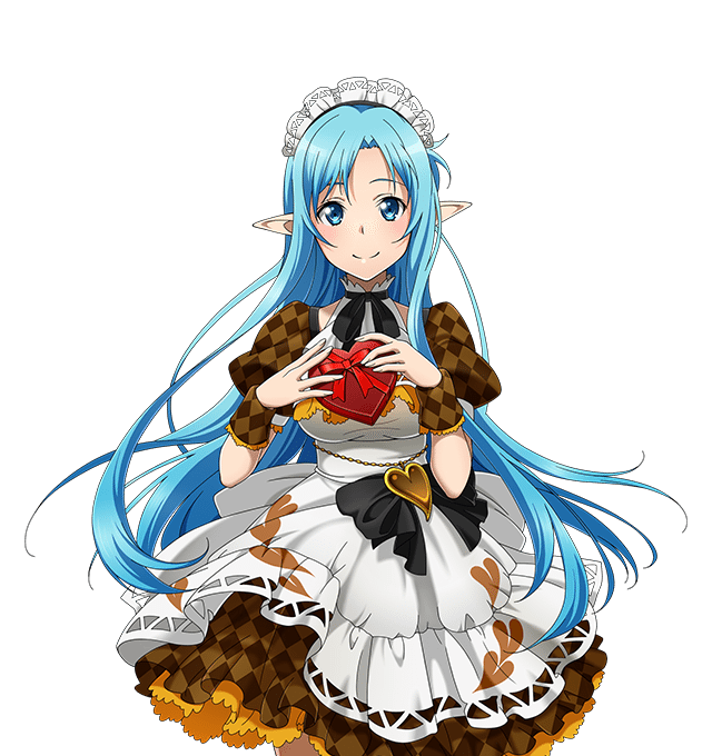 1girl asuna_(sao-alo) black_ribbon blue_eyes blue_hair cowboy_shot dress fingernails headdress holding long_hair looking_at_viewer neck_ribbon pointy_ears red_ribbon ribbon short_dress smile solo standing sword_art_online transparent_background very_long_hair wrist_cuffs