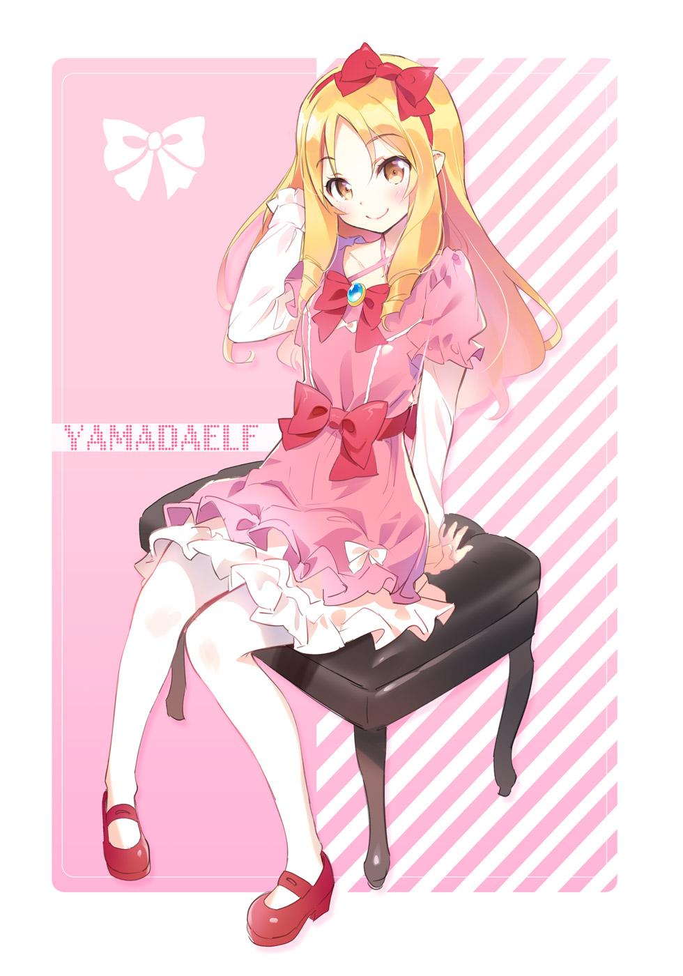 1girl blonde_hair bow c: chair character_name closed_mouth dress drill_hair eromanga_sensei eyebrows_visible_through_hair frills hair_bow highres long_hair long_sleeves looking_at_viewer mary_janes pantyhose piano_bench pink_background pink_dress pointy_ears red_bow red_shoes ringlets shoes smile solo striped striped_background white_legwear yamada_elf youta