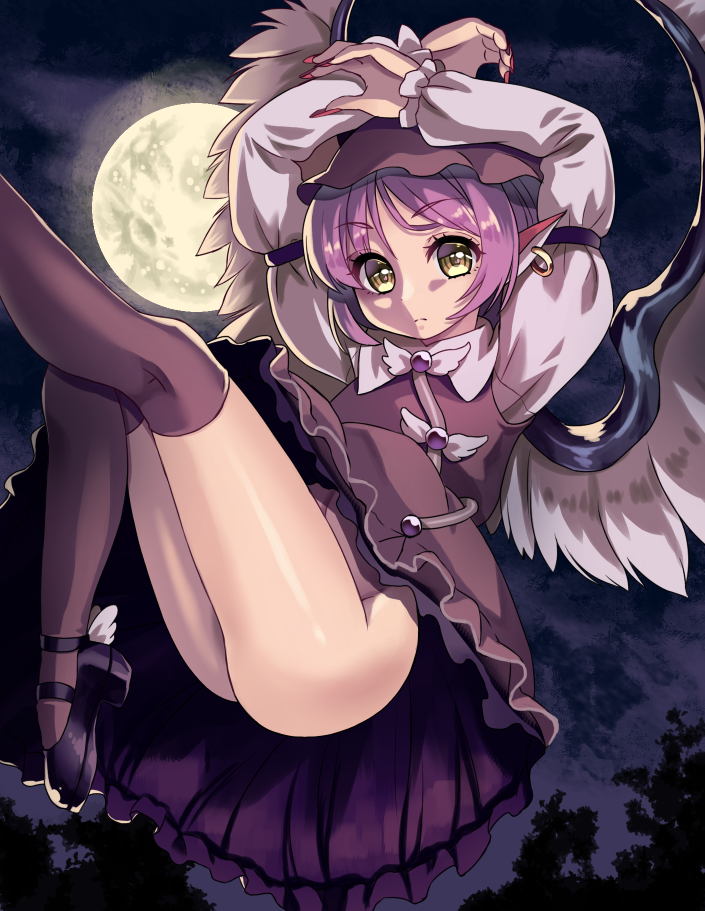 1girl arms_up ass backlighting bangs bird_ears bird_wings black_shoes douji dress dress_lift earrings expressionless eyebrows_visible_through_hair floating full_moon hat hips jewelry layered_dress leg_up looking_at_viewer moon moonlight mystia_lorelei night night_sky no_panties pink_hair pumps reflective_eyes shiny shiny_hair shiny_skin shoes short_hair silhouette sky sleeveless sleeveless_dress solo thigh-highs thighs touhou tree white_dress wings yellow_eyes