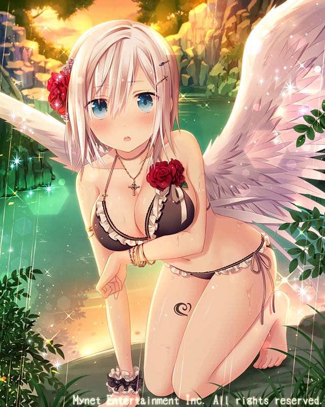 1girl angel_wings bikini bikini_bottom bikini_top black_bikini black_bikini_bottom black_bikini_top blue_eyes blush bracelet breasts cleavage cross cross_necklace eyebrows_visible_through_hair falkyrie_no_monshou flower hair_flower hair_ornament hairband hairclip jewelry kneeling large_breasts looking_at_viewer natsumekinoko navel necklace official_art parted_lips short_hair silver_hair solo sweatdrop swimsuit wings