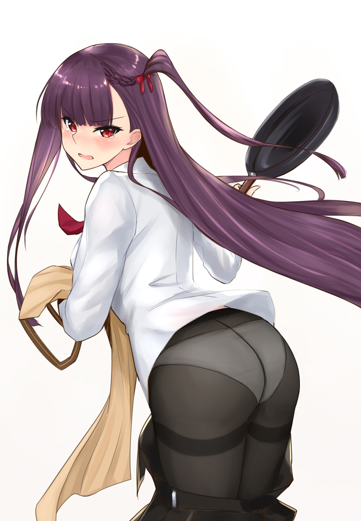 1girl ass frying_pan girls_frontline long_hair panties panties_under_pantyhose pantyhose purple_hair red_eyes shaojiang simple_background smile solo underwear very_long_hair wa2000_(girls_frontline) white_background white_panties