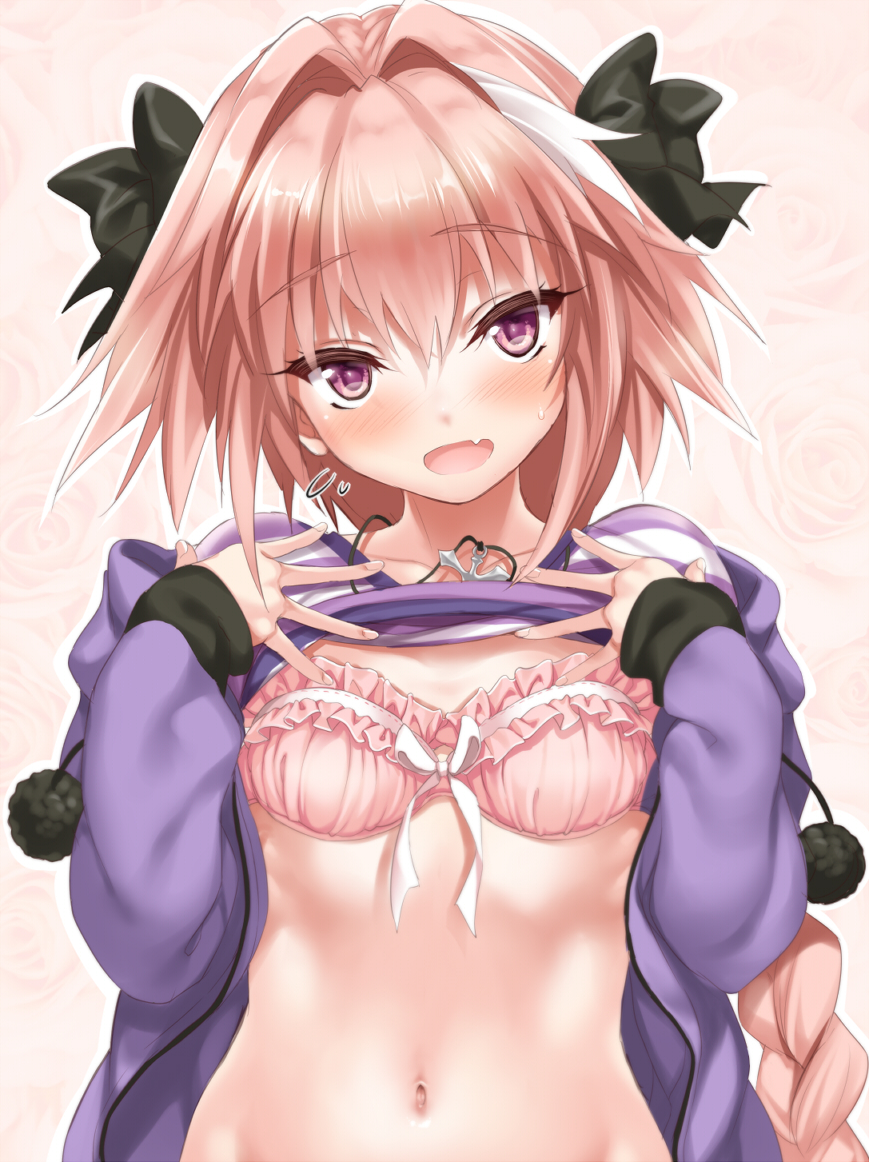 1boy :d blush bra braid collarbone eyebrows_visible_through_hair fang fate/apocrypha fate_(series) hair_ribbon jewelry kure_masahiro long_hair looking_at_viewer male_focus multicolored_hair navel necklace open_mouth pink_bra pink_hair ribbon rider_of_black shiny shiny_hair shirt_lift single_braid smile solo streaked_hair sweatdrop trap underwear upper_body violet_eyes white_hair