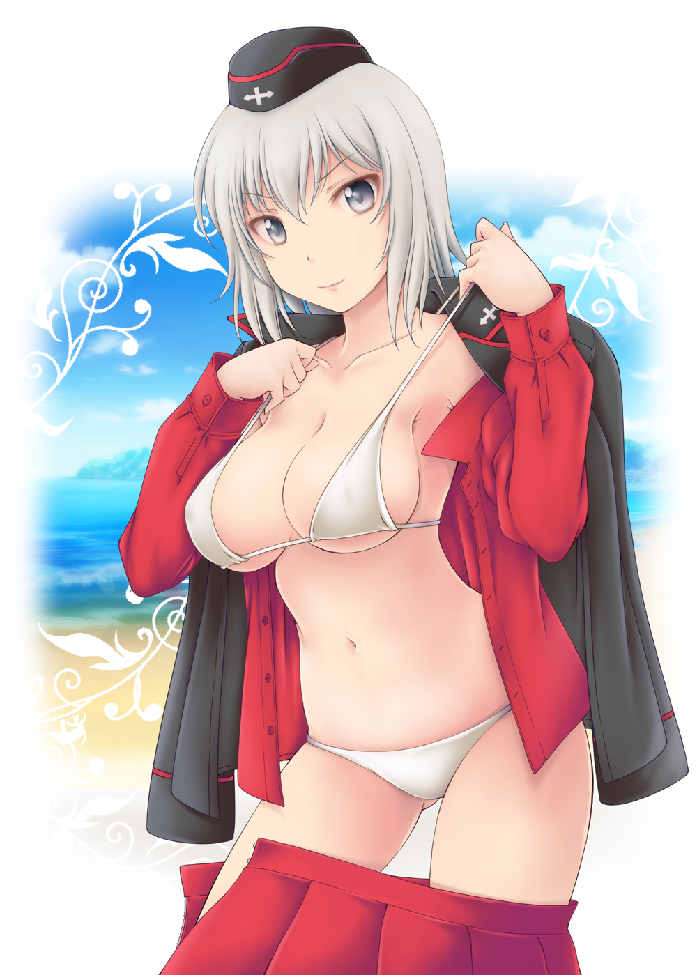 1girl bikini breasts cleavage garrison_cap girls_und_panzer gluteal_fold grey_eyes grey_hair hat highres itsumi_erika iwami_kyuuto jacket_on_shoulders looking_at_viewer medium_breasts open_clothes partially_undressed smile solo strap_gap swimsuit thighs