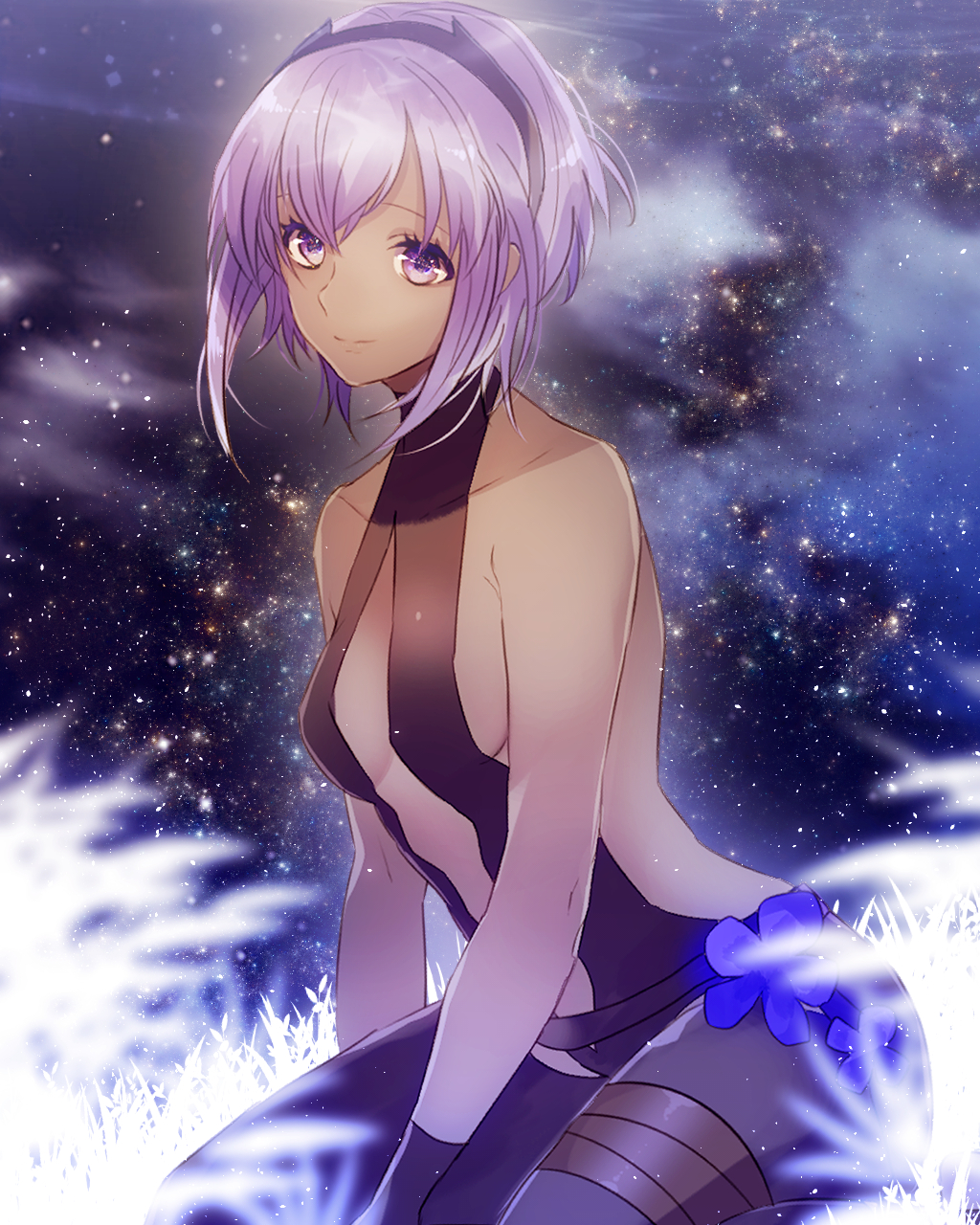 1girl assassin_(fate/prototype_fragments) bangs blurry breasts closed_mouth collarbone dekoyama depth_of_field fate/prototype fate/prototype:_fragments_of_blue_and_silver fate_(series) grass hairband highres looking_at_viewer night night_sky outdoors purple_hair short_hair short_hair_with_long_locks sidelocks sitting sky small_breasts smile solo star_(sky) starry_sky unitard violet_eyes