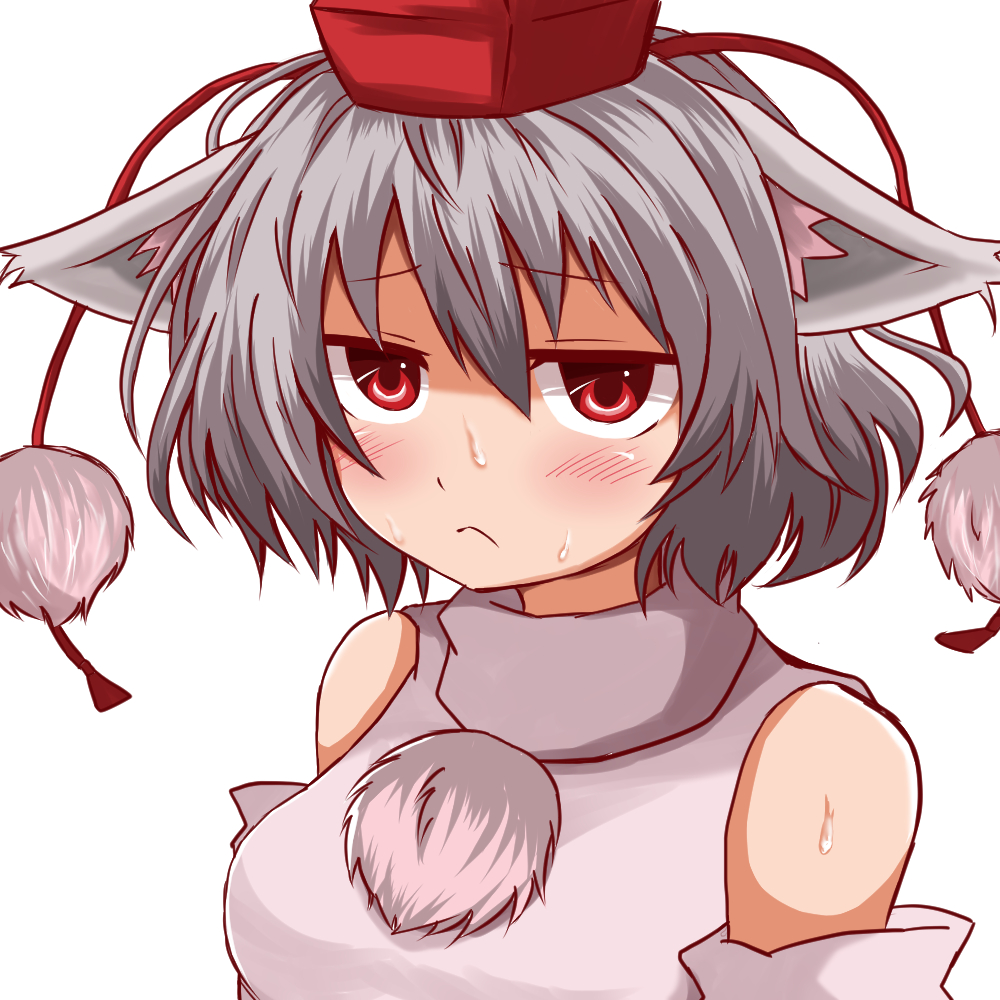 1girl :&lt; animal_ears bare_shoulders blush breasts closed_mouth detached_sleeves grey_hair hair_between_eyes hat inubashiri_momiji jitome looking_at_viewer medium_breasts pom_pom_(clothes) red_eyes shirt short_hair sleeveless sleeveless_shirt solo sweat tokin_hat touhou upper_body white_shirt wolf_ears yasui_nori