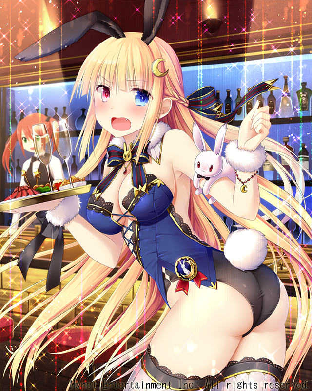 animal animal_ears animal_on_arm armpits ass bar black_ribbon blonde_hair blue_eyes blush bracelet breasts bunny_tail bunnysuit cleavage crescent crescent_hair_ornament cup drinking_glass eyebrows_visible_through_hair fake_animal_ears fake_tail falkyrie_no_monshou fang hair_ornament heterochromia holding holding_tray jewelry large_breasts long_hair looking_at_viewer natsumekinoko official_art open_mouth rabbit rabbit_ears red_eyes ribbon tail thigh-highs thighs tray white_legwear wine_glass