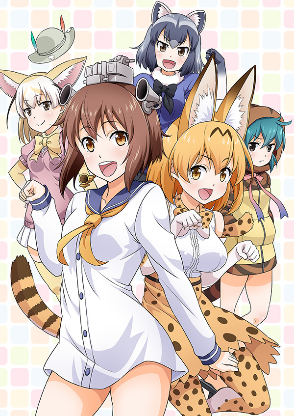 &gt;:( &gt;:d 5girls :d animal_ears black_hair blonde_hair blue_sailor_collar brown_eyes brown_hair bucket_hat commentary_request common_raccoon_(kemono_friends) cover cover_page crossover doujin_cover dress elbow_gloves fang fennec_(kemono_friends) fox_ears fox_tail gloves grey_hair hands_in_pockets hat hat_removed headgear headwear_removed high-waist_skirt hood hoodie kantai_collection kemono_friends multicolored_hair multiple_girls open_mouth partially_translated paw_pose pose raccoon_ears raccoon_tail sailor_dress school_uniform serafuku serval_(kemono_friends) serval_ears serval_print serval_tail shirt short_hair skirt sleeveless sleeveless_shirt smile snake_tail striped_tail tail title_parody tomokichi translation_request tsuchinoko_(kemono_friends) two-tone_hair yukikaze_(kantai_collection)