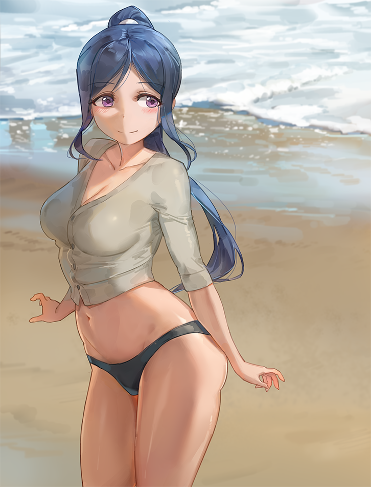 1girl beach breasts cleavage large_breasts long_hair love_live! love_live!_sunshine!! matsuura_kanan midriff navel ponytail sand tagme violet_eyes water waves