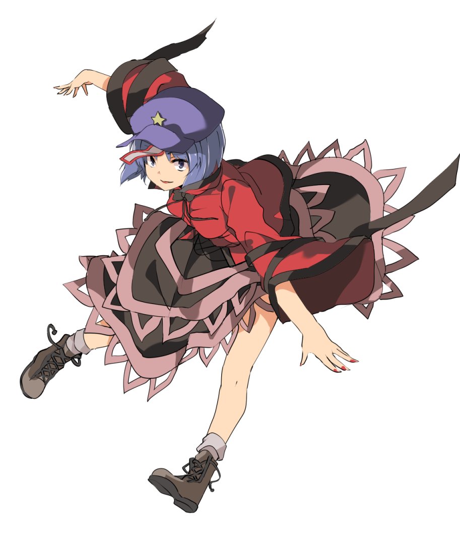 1girl beret black_skirt blue_eyes blue_hair boots brown_boots cross-laced_footwear full_body hasebe_yuusaku hat jiangshi lace-up_boots long_sleeves looking_at_viewer miyako_yoshika ofuda outstretched_arms red_shirt shirt short_hair skirt smile solo spread_arms star touhou wide_sleeves zombie_pose