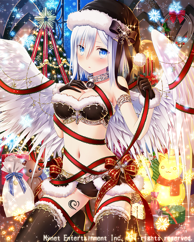 angel_wings bell bell_collar black_bow black_gloves black_hat black_legwear blue_eyes blush bow breasts christmas cleavage collar eyebrows_visible_through_hair falkyrie_no_monshou gift gloves hand_on_own_chest hat large_breasts long_hair looking_at_viewer natsumekinoko navel official_art parted_lips red_ribbon ribbon santa_hat silver_hair snowflakes thigh-highs wings