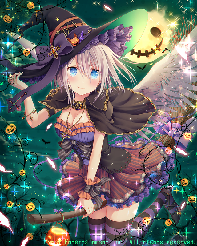 1girl adjusting_clothes adjusting_hat black_hat blue_eyes blush bow breasts broom broom_riding eyebrows_visible_through_hair falkyrie_no_monshou halloween hat jack-o'-lantern large_breasts looking_at_viewer natsumekinoko official_art pumpkin purple_bow short_hair silver_hair smile solo witch_hat