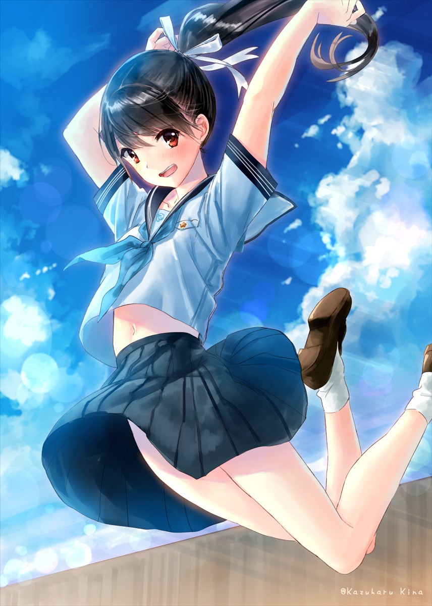 1girl black_hair blush clouds cloudy_sky highres kazuharu_kina long_hair open_mouth original pleated_skirt ponytail red_eyes school_uniform serafuku skirt sky smile solo twitter_username