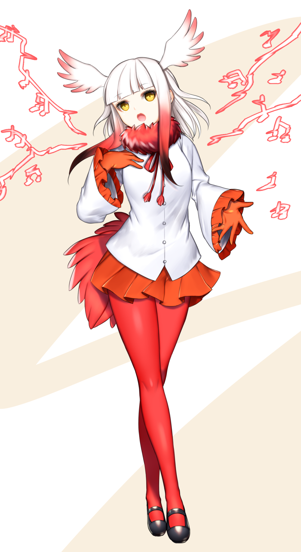 1girl bird_tail bird_wings breasts eyelashes full_body gloves highres japanese_crested_ibis_(kemono_friends) jitome kemono_friends legs_crossed long_sleeves looking_at_viewer multicolored_hair music open_mouth pale_skin red_legwear shichimi shoes singing skirt solo wings yellow_eyes