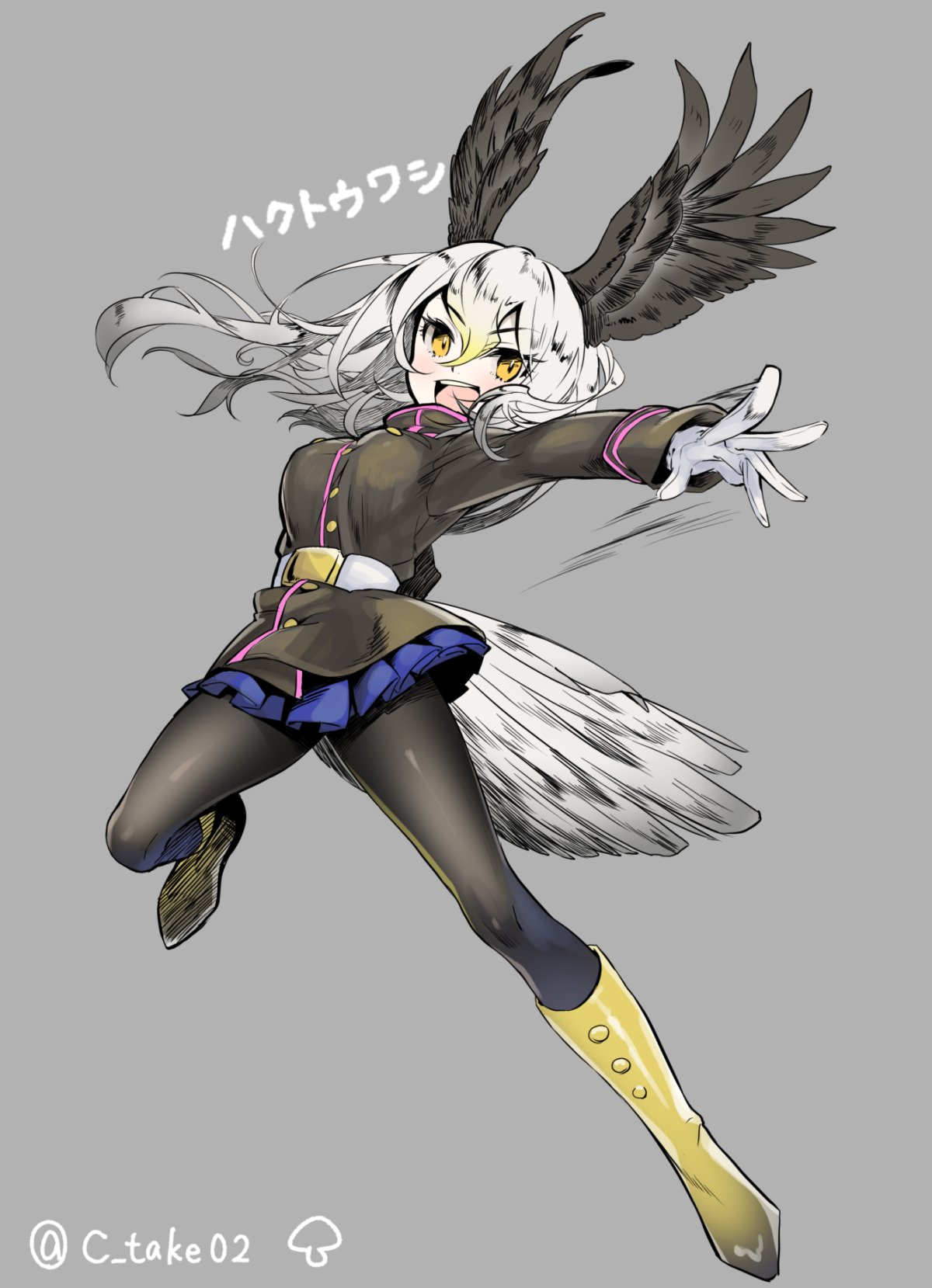 1girl bald_eagle_(kemono_friends) belt bird_tail bird_wings black_boots black_jacket black_legwear black_wings blonde_hair blue_skirt blush boots breast_pocket breasts buttons character_name eyebrows_visible_through_hair feathered_wings full_body gloves gradient_boots gradient_footwear grey_hair hair_between_eyes head_wings highres jacket kemono_friends knee_boots large_breasts long_hair long_sleeves military military_jacket military_uniform mucchiri_shiitake multicolored_boots multicolored_hair open_mouth outstretched_arm pantyhose pleated_skirt pocket simple_background skirt solo speed_lines tail teeth twitter_username uniform upper_teeth white_belt white_gloves white_hair white_tail wings yellow_boots yellow_eyes