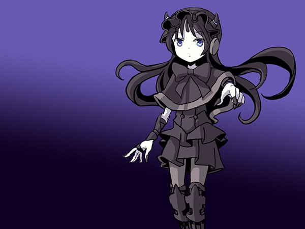 1girl adrian_ferrer black_dress black_hair blue_eyes bow commentary dress gothic_lolita gradient gradient_background hairband horns kantai_collection lolita_fashion lolita_hairband long_hair northernmost_landing_hime pantyhose purple_background shinkaisei-kan solo white_skin