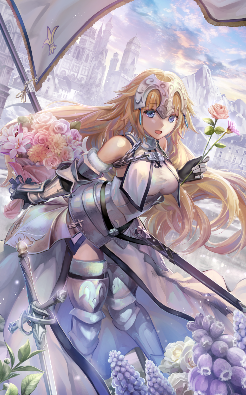 1girl :d architecture armor armored_boots armored_dress blonde_hair blue_eyes boots bouquet breasts building chains clouds commentary_request day fate/apocrypha fate/grand_order fate_(series) flag flagpole flower flower_request fur_trim gauntlets headpiece highres holding holding_bouquet holding_flower leaning_forward lily_(flower) long_hair looking_at_viewer medium_breasts mountain open_mouth outdoors pink_rose revision rose ruler_(fate/apocrypha) scenery sheath sky smile solo sword torino_akua weapon white_rose