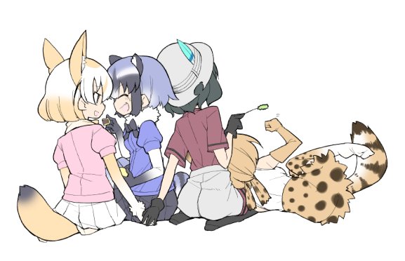 4girls animal_ears backpack bag black_gloves black_hair blonde_hair blush bow bowtie bucket_hat cheating common_raccoon_(kemono_friends) fennec_(kemono_friends) fox_ears fox_tail gloves hand_holding hat hat_feather kaban_(kemono_friends) kemono_friends multicolored_hair multiple_girls open_mouth personification raccoon_ears raccoon_tail red_shirt serval_(kemono_friends) serval_ears serval_print serval_tail shirt short_hair short_sleeves shorts skirt smile striped_tail tail wavy_hair yuri
