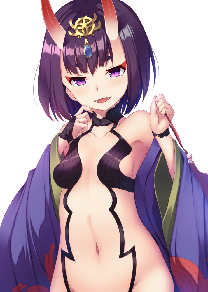 1girl bangs bare_shoulders breasts eyeliner fangs fate/grand_order fate_(series) hair_ornament horns japanese_clothes kimono looking_at_viewer makeup momo_no_kanzume navel oni oni_horns purple_hair shiny shiny_hair short_hair shuten_douji_(fate/grand_order) simple_background small_breasts smile solo upper_body violet_eyes white_background wide_sleeves
