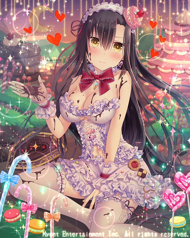1girl black_hair bow breasts candy candy_cane chocolate_on_breasts cleavage earrings eyebrows_visible_through_hair falkyrie_no_monshou food headdress heart heart_earrings jewelry large_breasts long_hair looking_at_viewer natsumekinoko navel official_art red_bow red_ribbon ribbon sitting solo thigh-highs valentine white_legwear yellow_eyes