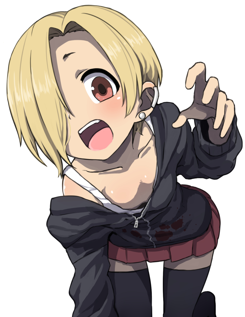 1girl black_legwear blonde_hair breasts brown_eyes commentary_request ear_piercing earrings gazacy_(dai) hair_over_one_eye highres hood hoodie idolmaster idolmaster_cinderella_girls jewelry looking_at_viewer open_mouth piercing pleated_skirt red_skirt shirasaka_koume short_hair skirt small_breasts solo tank_top thigh-highs white_background zipper