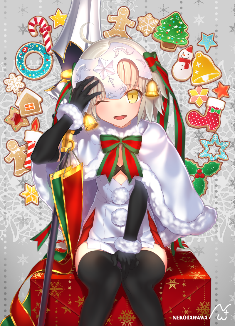 +_+ 1girl :3 artist_name bangs bell between_legs black_legwear blonde_hair blush bra candy candy_cane cookie eyebrows_visible_through_hair fate/grand_order fate_(series) food gift gingerbread_cookie gingerbread_man hand_between_legs headpiece jeanne_alter jeanne_alter_(santa_lily)_(fate) knees_together_feet_apart knees_touching lance looking_at_viewer mistletoe navel nekotawawa one_eye_closed open_mouth polearm ribbon ruler_(fate/apocrypha) short_hair sitting smile snowflakes solo thigh-highs thighs underwear weapon yellow_eyes