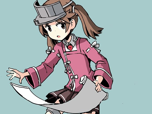 1girl adrian_ferrer brown_eyes brown_hair commentary hair_tie japanese_clothes kantai_collection kariginu magatama miniskirt open_mouth pleated_skirt ryuujou_(kantai_collection) scroll skirt solo twintails visor_cap