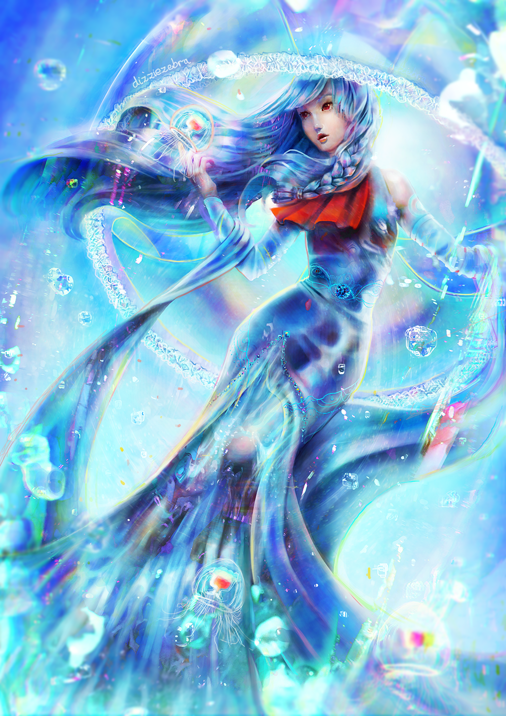 air_bubble aqua_background artist_name ascot bare_shoulders braid commentary detached_sleeves dizziezebra dress floating_hair frills highres jellyfish light light_particles light_rays long_hair long_sleeves lumi_(vocaloid) multicolored multicolored_background parted_lips realistic red_ascot red_eyes shoulder_tattoo side_braid signature single_braid sleeveless sleeveless_dress sunbeam sunlight tattoo underwater very_long_sleeves vocaloid