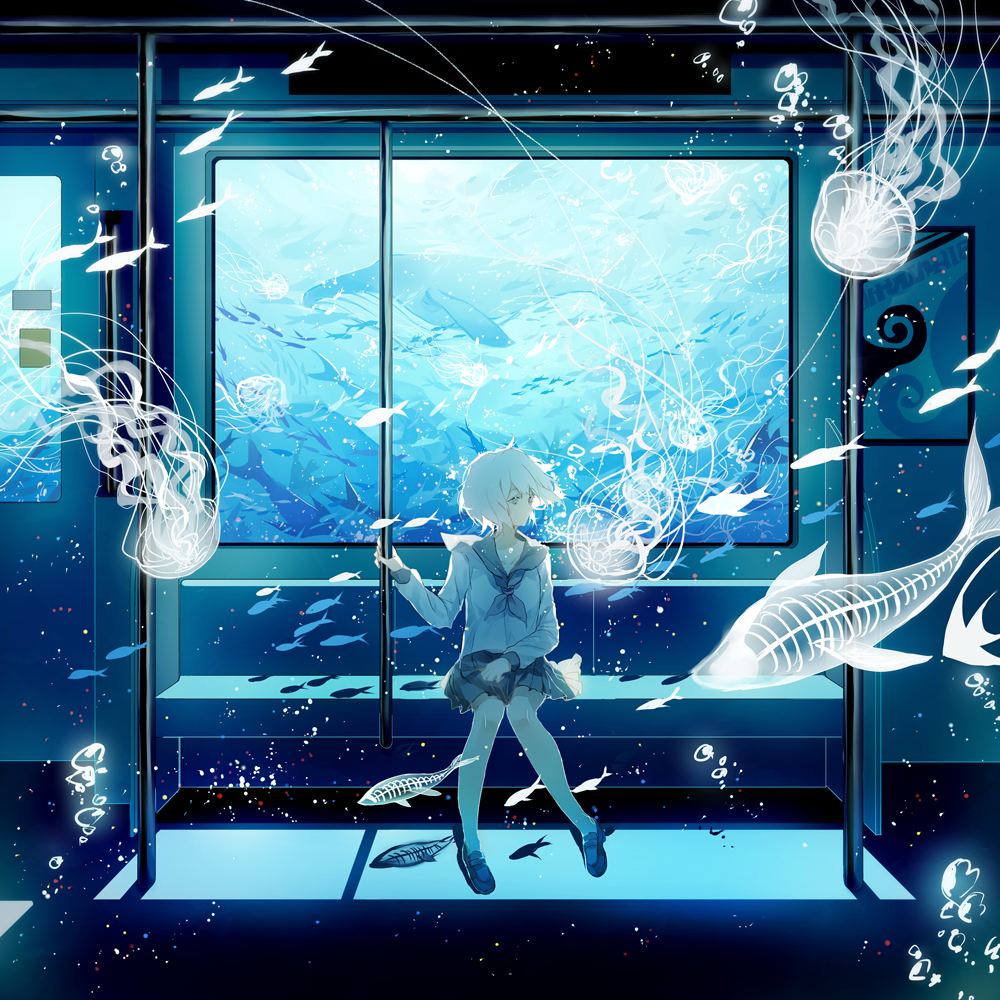 1girl air_bubble bangs blouse blue_eyes bubble commentary_request cui_(jidanhaidaitang) fish floating_hair full_body ground_vehicle jellyfish loafers long_sleeves neckerchief ocean original pleated_skirt sailor_collar school_uniform serafuku shadow shoes short_hair silhouette sitting skirt solo submerged surreal train train_interior underwater water whale white_hair