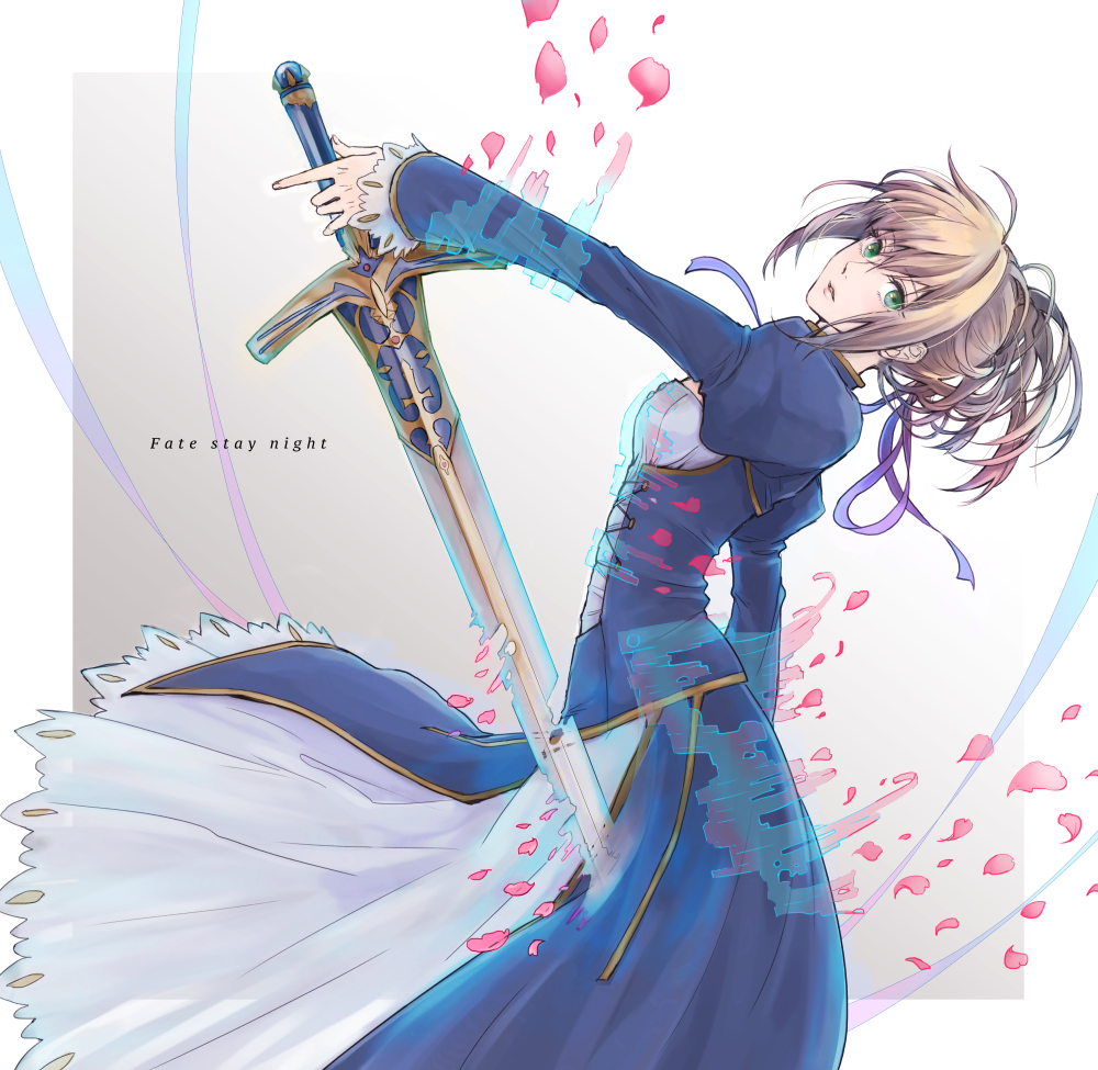 1girl ahoge bangs blonde_hair blue_dress blue_ribbon caliburn copyright_name dress fate/stay_night fate_(series) from_side green_eyes hair_ribbon holding holding_sword holding_weapon looking_at_viewer orii_(orii_i) parted_lips petals ponytail ribbon saber sidelocks solo sword weapon