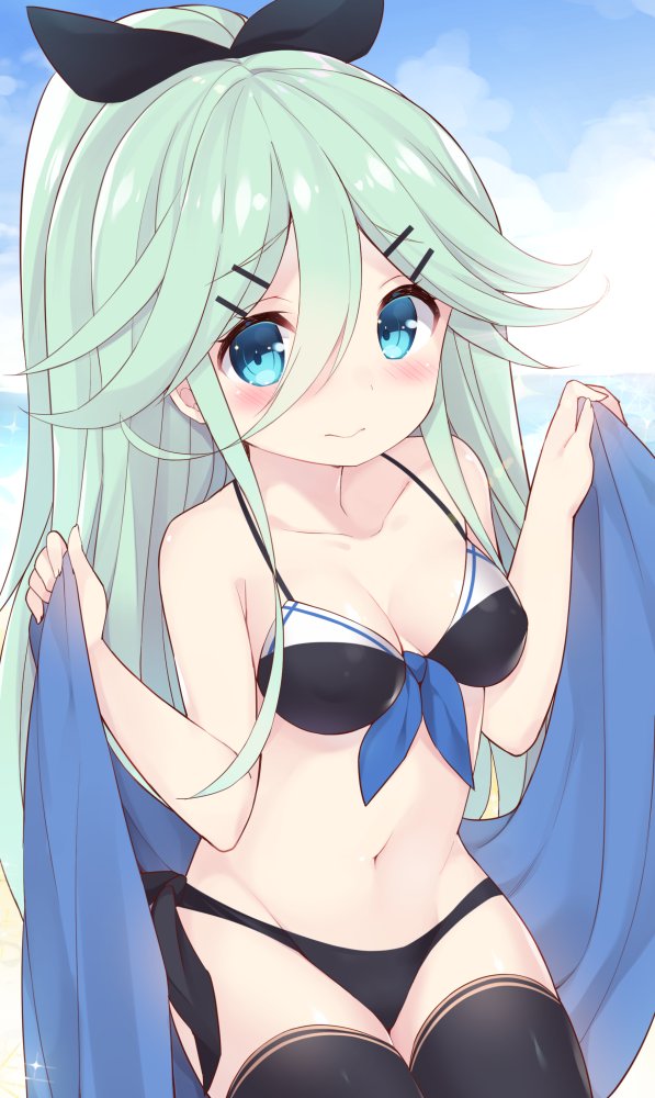 1girl adapted_costume bikini black_bikini black_legwear blue_eyes front-tie_top green_hair hair_between_eyes hair_ornament hair_ribbon hairclip kantai_collection long_hair looking_at_viewer ponytail ribbon sarong side-tie_bikini solo swimsuit thigh-highs watanohara yamakaze_(kantai_collection)