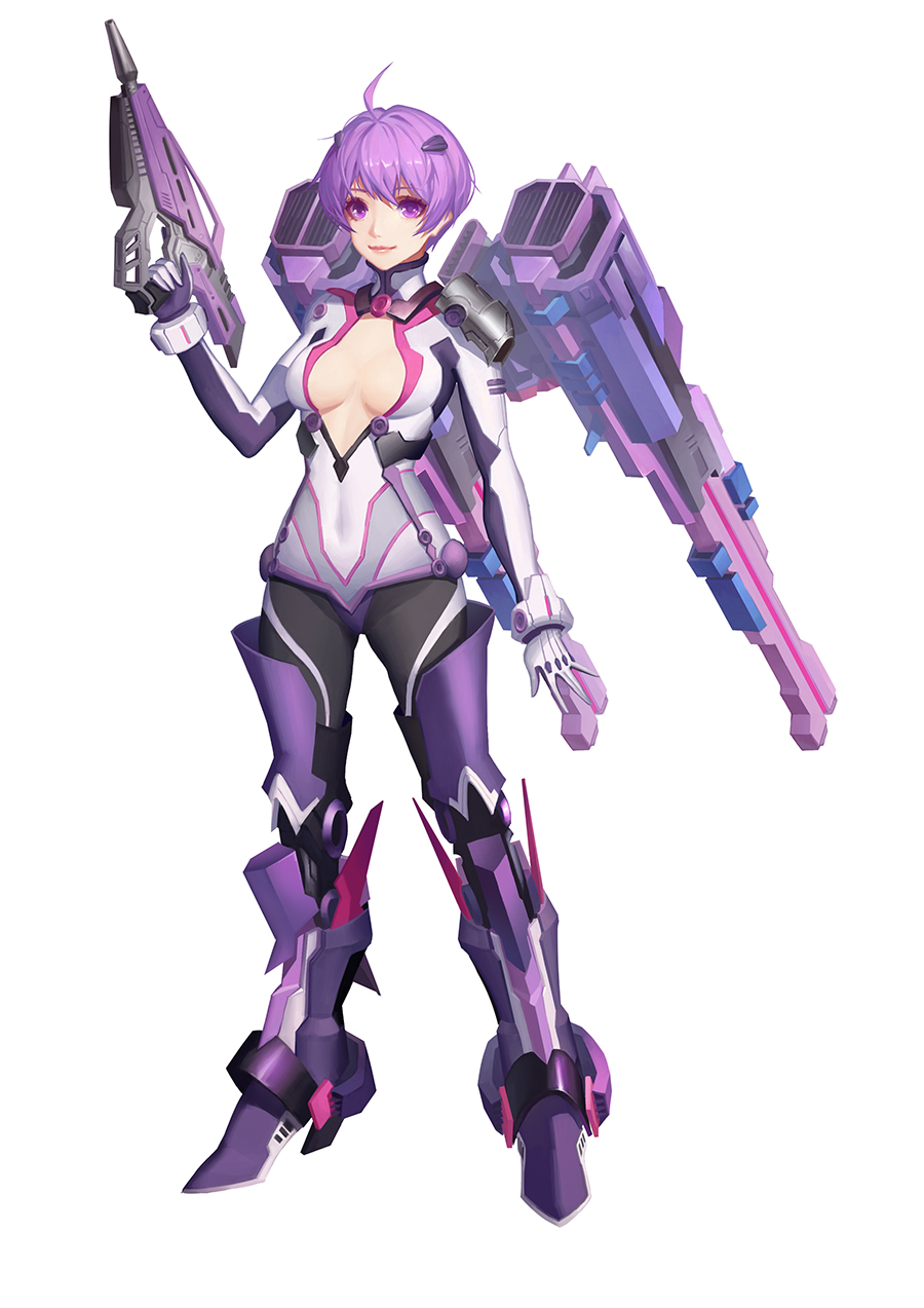 1girl ahoge blush breasts cleavage eyebrows_visible_through_hair full_body gloves gun hair_ornament hairclip highres holding holding_gun holding_weapon looking_at_viewer medium_breasts original purple_hair short_hair simple_background smile solo standing violet_eyes weapon white_background white_gloves youxuemingdie