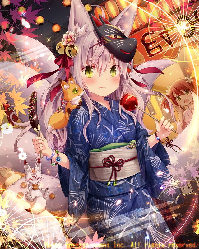 animal animal_ears animal_on_shoulder bell blue_kimono blush bracelet candy_apple eyebrows_visible_through_hair falkyrie_no_monshou food fox fox_ears fox_tail green_eyes holding holding_food japanese_clothes jewelry kimono long_hair looking_at_viewer looking_away mask mask_on_head natsumekinoko official_art red_ribbon ribbon tail tongue tongue_out yukata